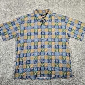 Harley-Davidson Engine Block Print Shirt Mens Medium Blue Tan Short Sleeve Biker